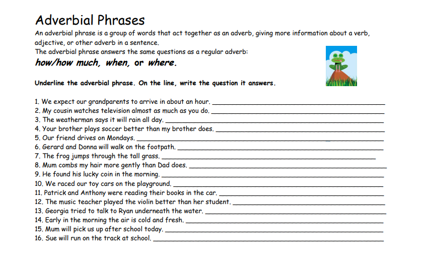 Grade 4 Adverbial Phrase Worksheet