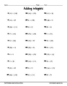 Subtracting Integers Worksheet With Answer Key 7th Grade