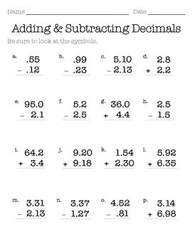 Subtracting Decimals Worksheet