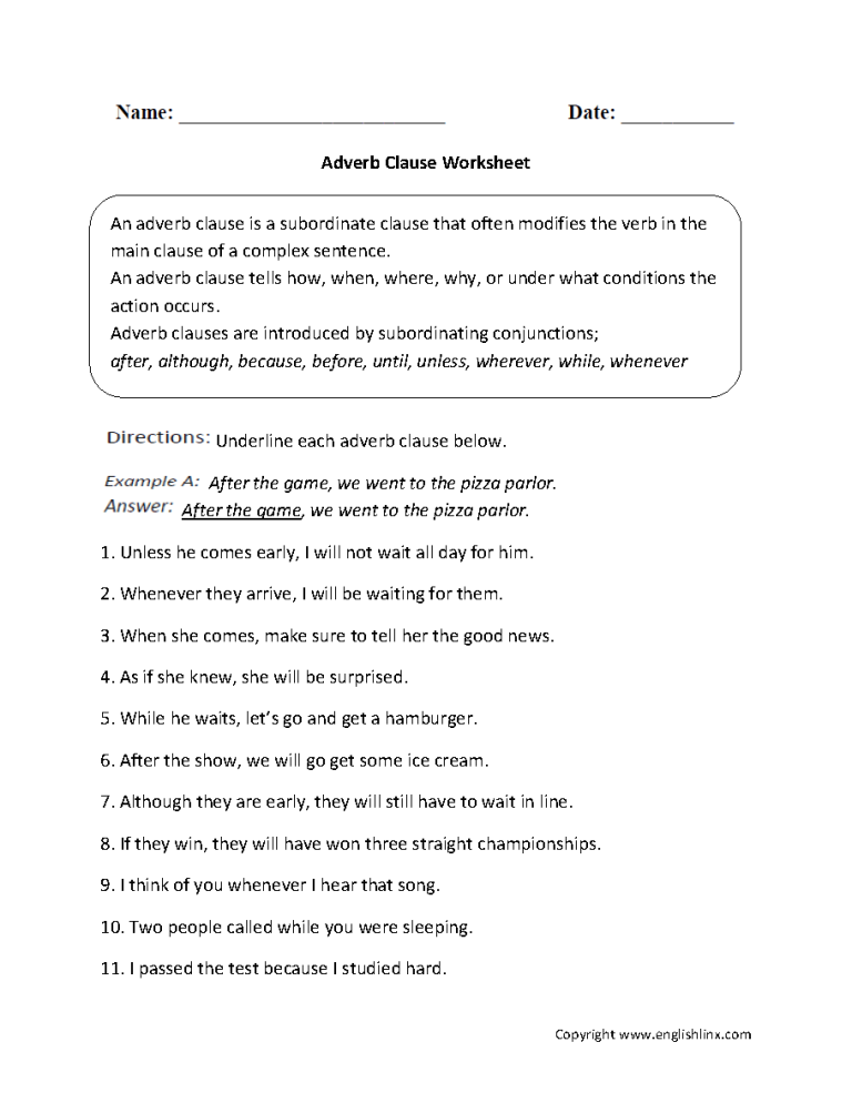 8th Grade Adverb Clause Worksheet