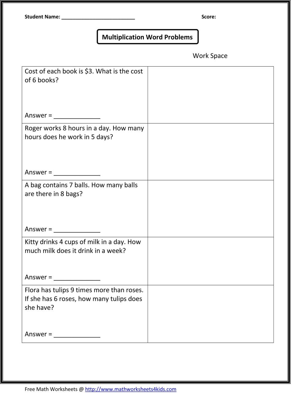 Multiplication Word Problems Worksheets