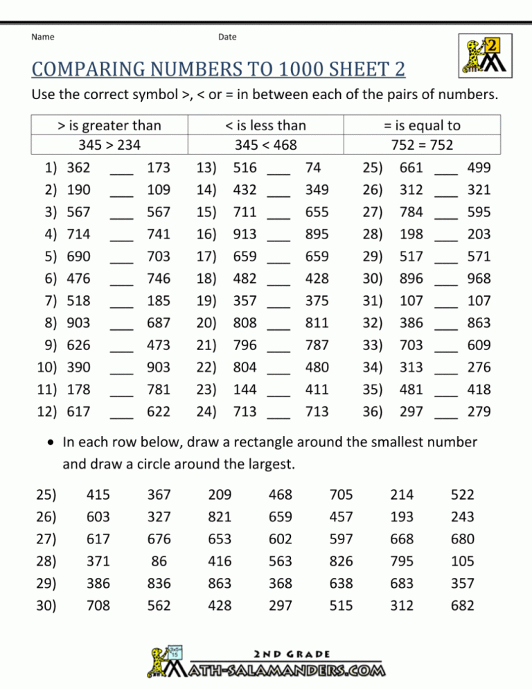 Ordering Numbers Worksheets 3rd Grade Pdf