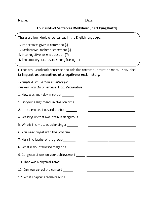 Types Of Sentences Worksheet With Answers