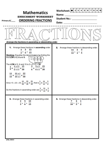 Ordering Fractions Worksheet Tes