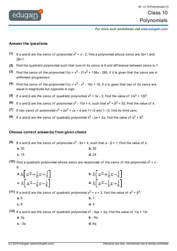 Polynomials Worksheet Class 10