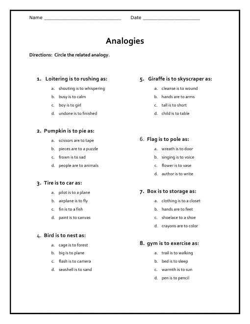 4th Grade Analogies Worksheet With Answer Key