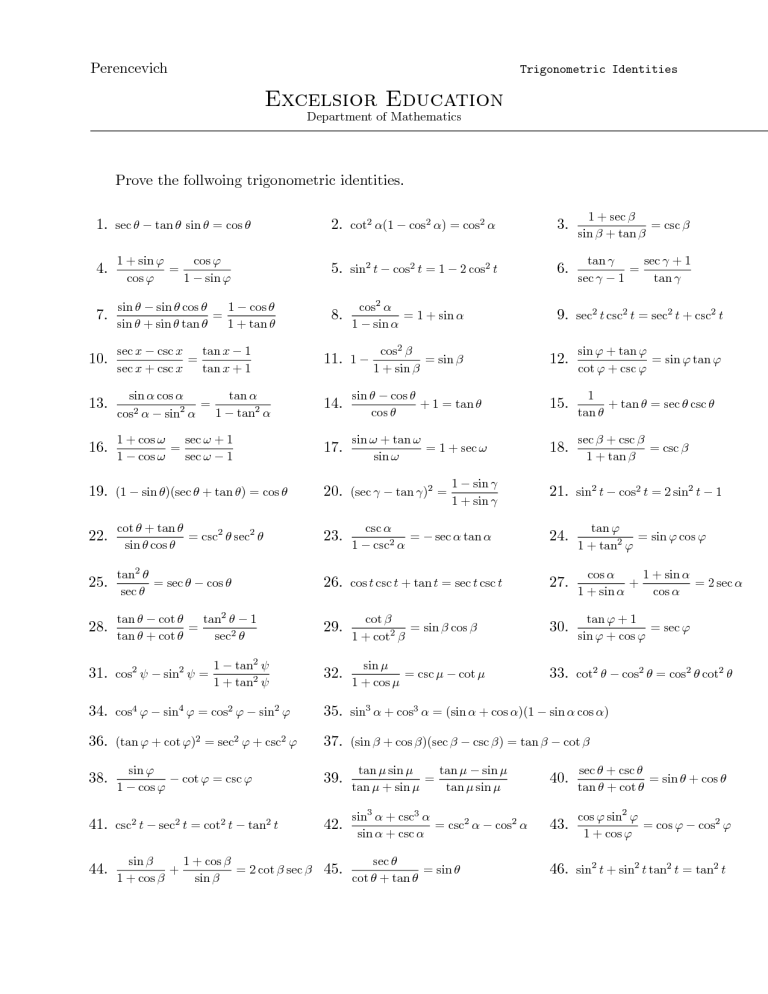 Trigonometric Identities Worksheet
