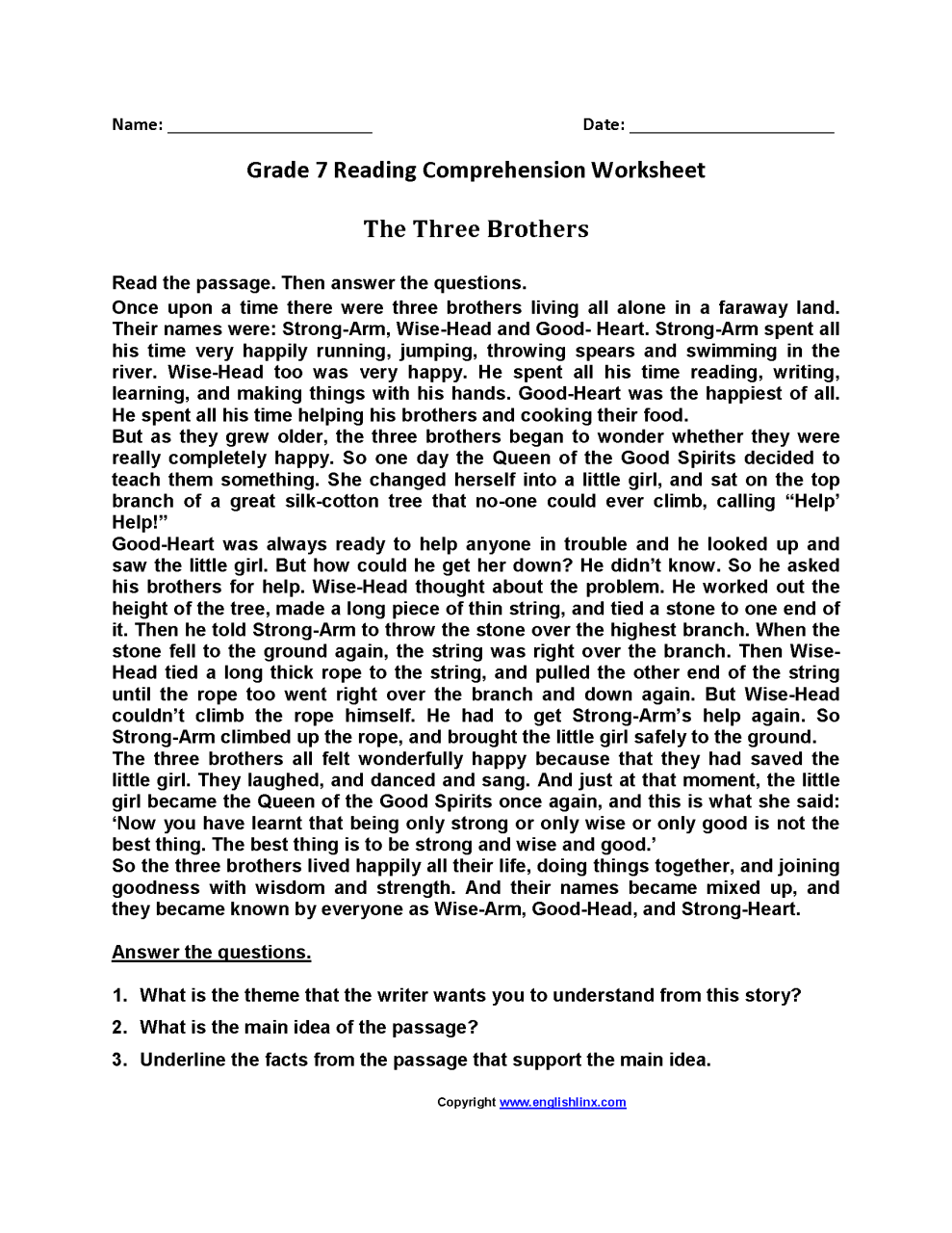 Printable Grade 7 Reading Comprehension Worksheets Pdf