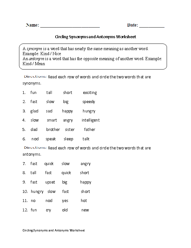 Antonyms Worksheet 4th Grade