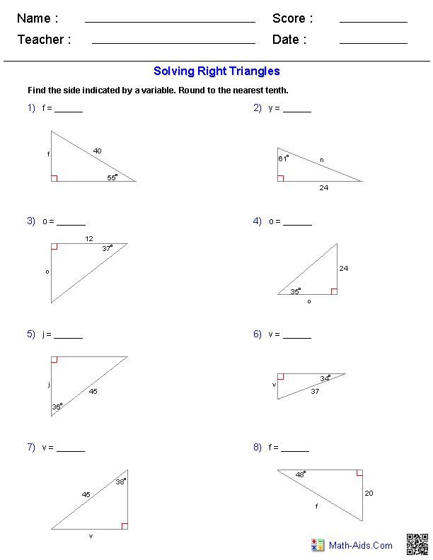 Solving Right Triangles Worksheet