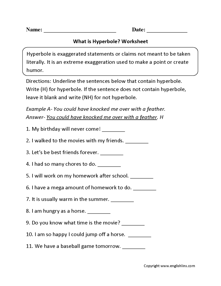 Hyperbole Worksheets 5th Grade