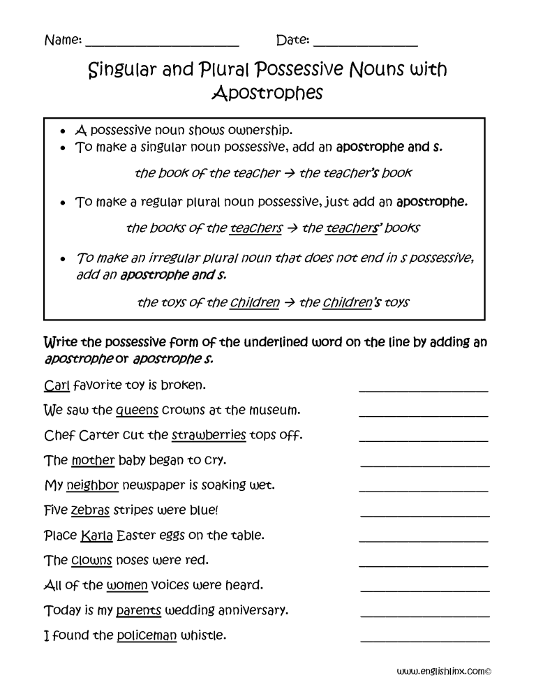 2nd Grade Plural Possessive Nouns Worksheets