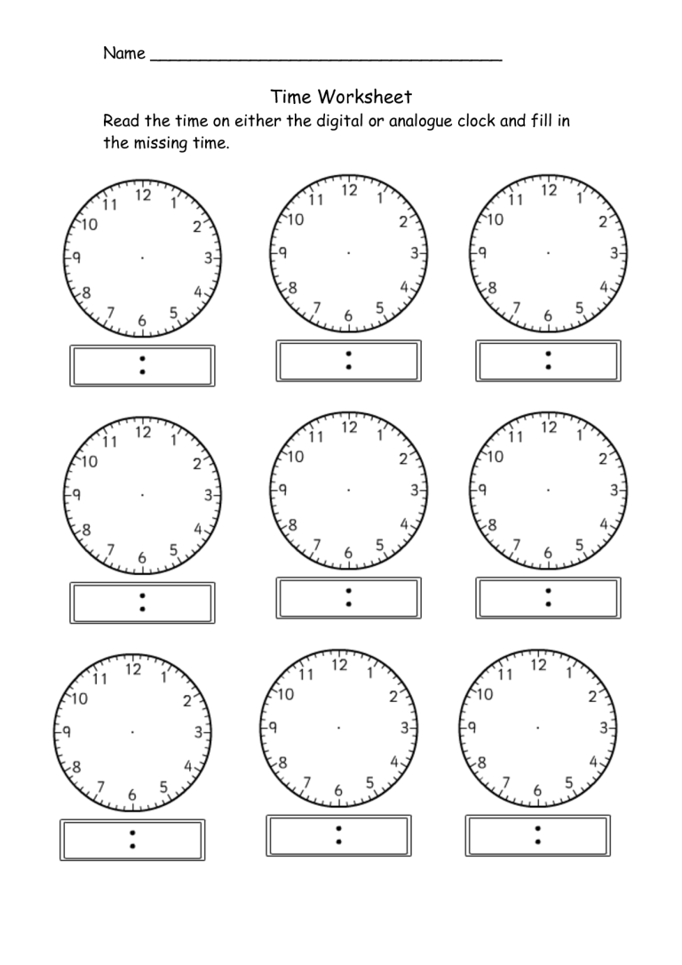 Kindergarten Blank Clock Worksheets