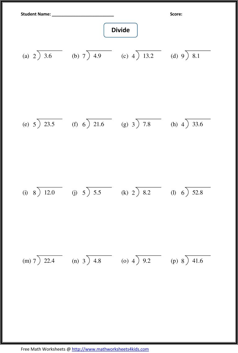 Dividing Decimals Worksheet With Answers 6th Grade