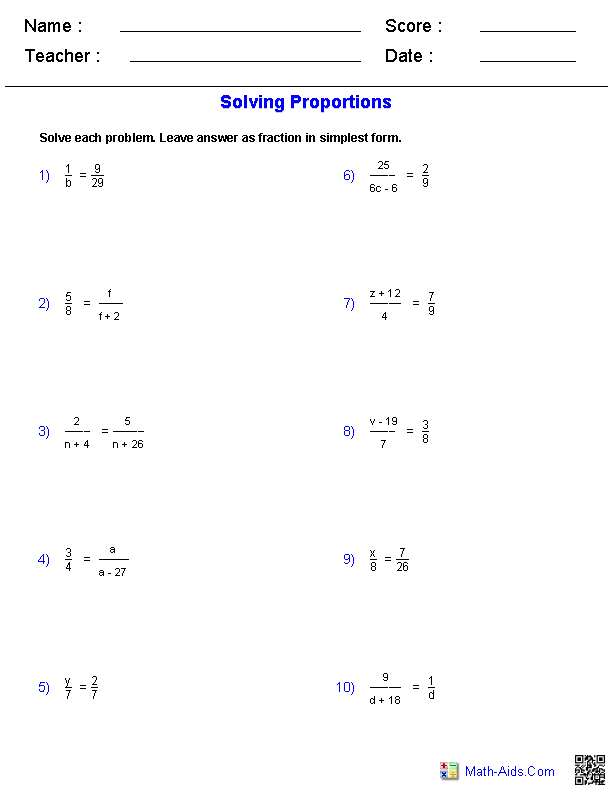 Proportions Worksheet Grade 7