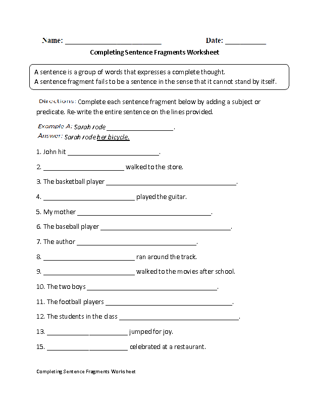Sentence Fragment Worksheets 3rd Grade