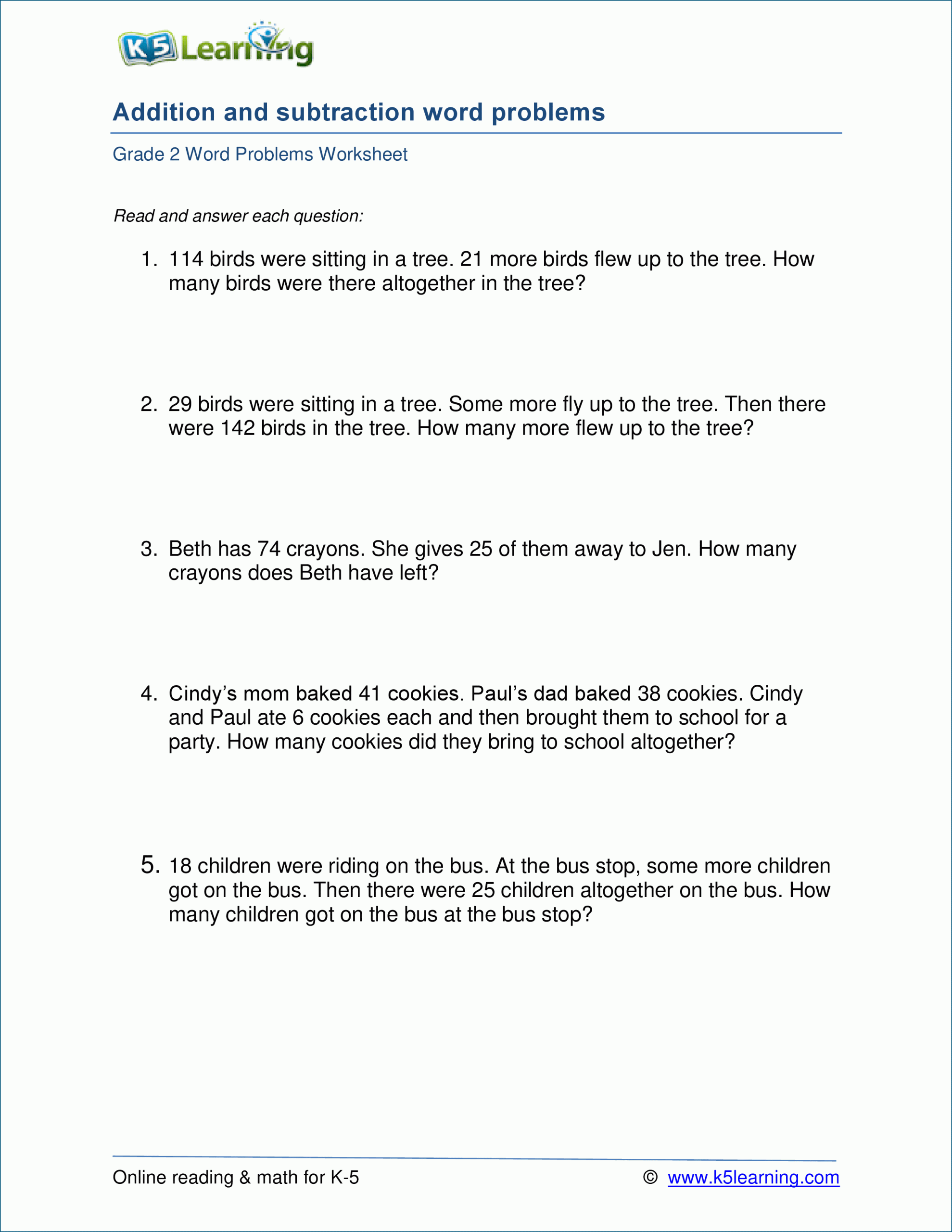 Addition Word Problems For Grade 2 Worksheets