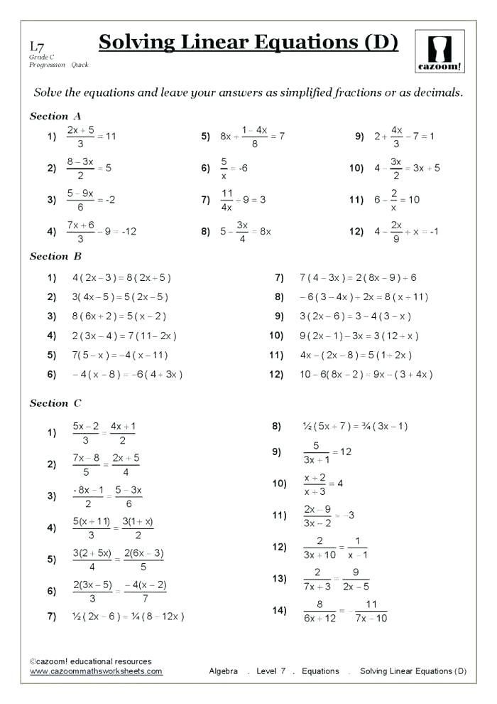 Simple Equations Worksheets Grade 7