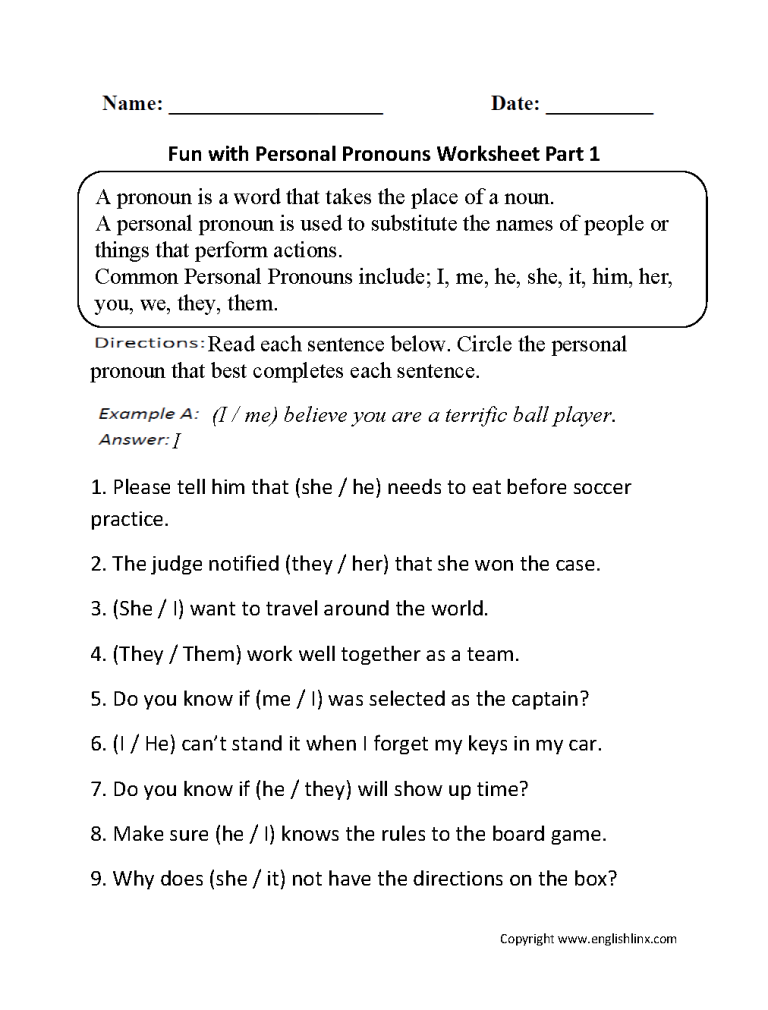 Personal Pronouns Worksheet For Class 4