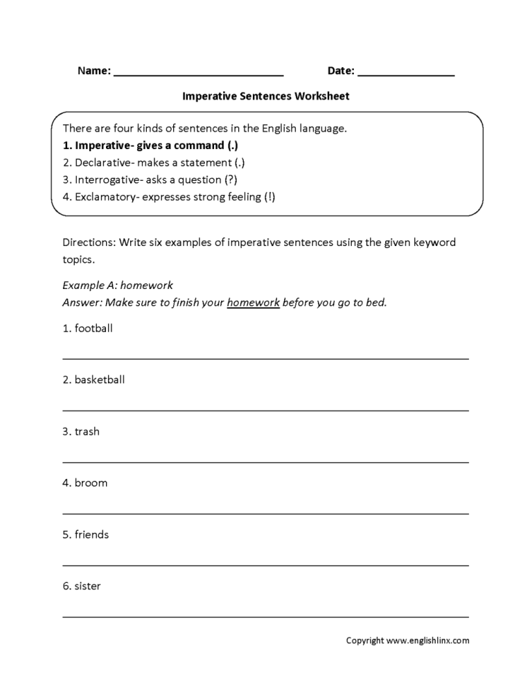 4th Grade Imperative Sentence Worksheets