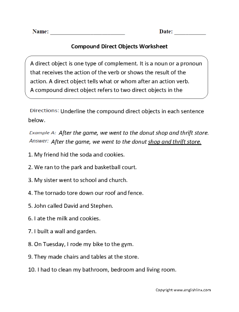 Subject Verb Object Worksheets With Answers