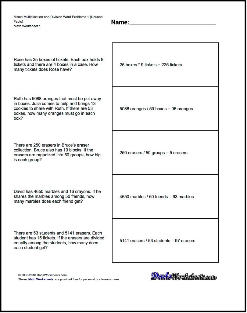 Math Worksheets Multiplication And Division Word Problems
