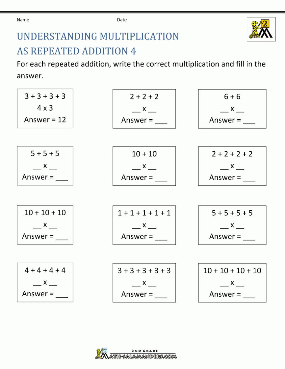 Repeated Addition Worksheets 4th Grade