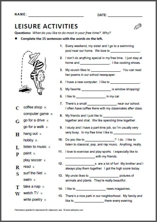 Free Time Activities Worksheets Pdf
