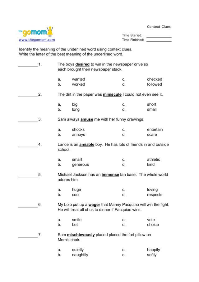 Fourth Grade Context Clues Worksheets Pdf