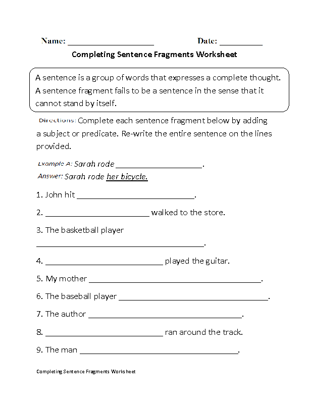 Sentence Fragment Worksheets Grade 6