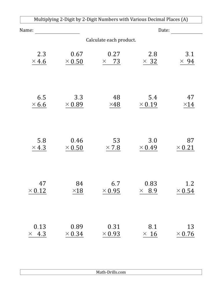 2 Digit Multiplication Worksheets Grade 6