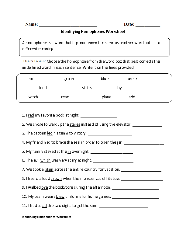 5th Grade Homophones Sentences Worksheet