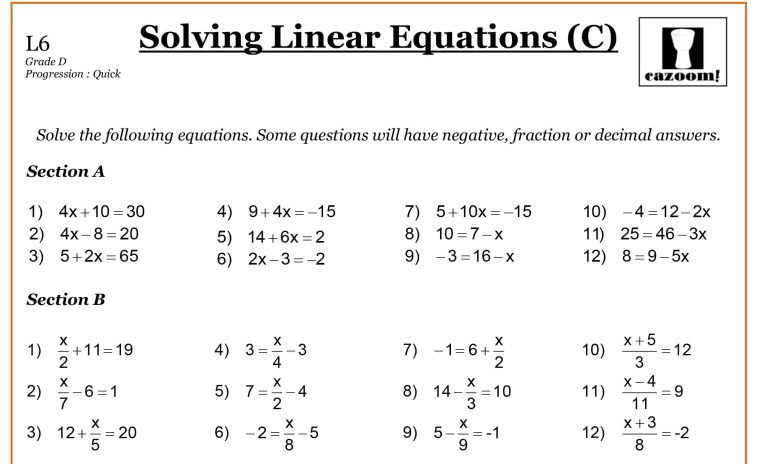 Grade 9 Math Worksheets Linear Equations