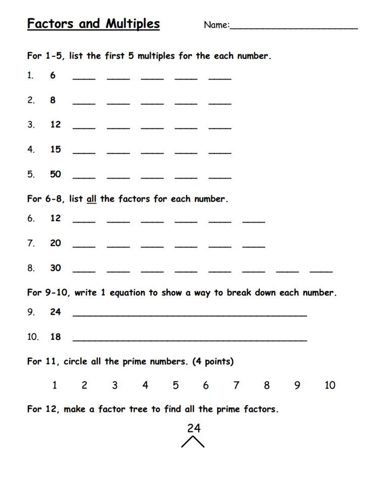 Factors And Multiples Worksheet Grade 7