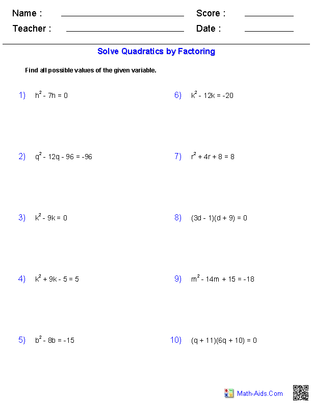Factoring Solving Quadratic Equations Worksheet