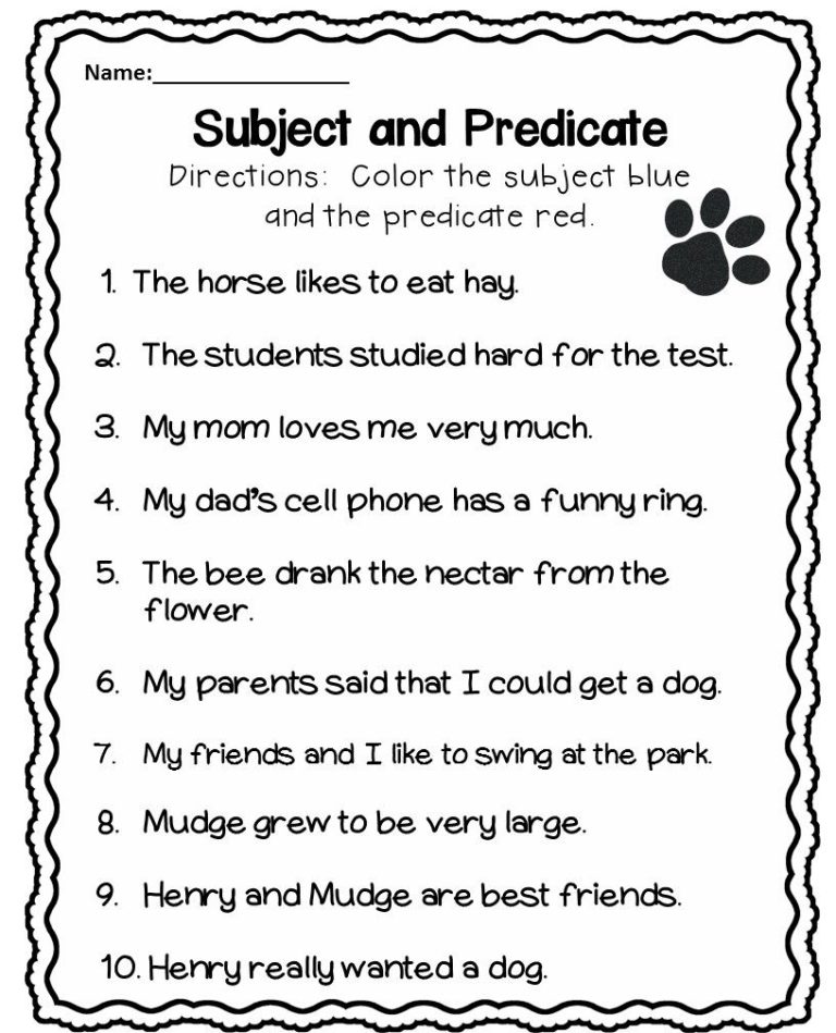 Subject Predicate Worksheet 1st Grade