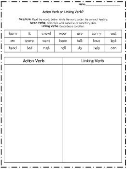 3rd Grade Action And Linking Verbs Worksheet