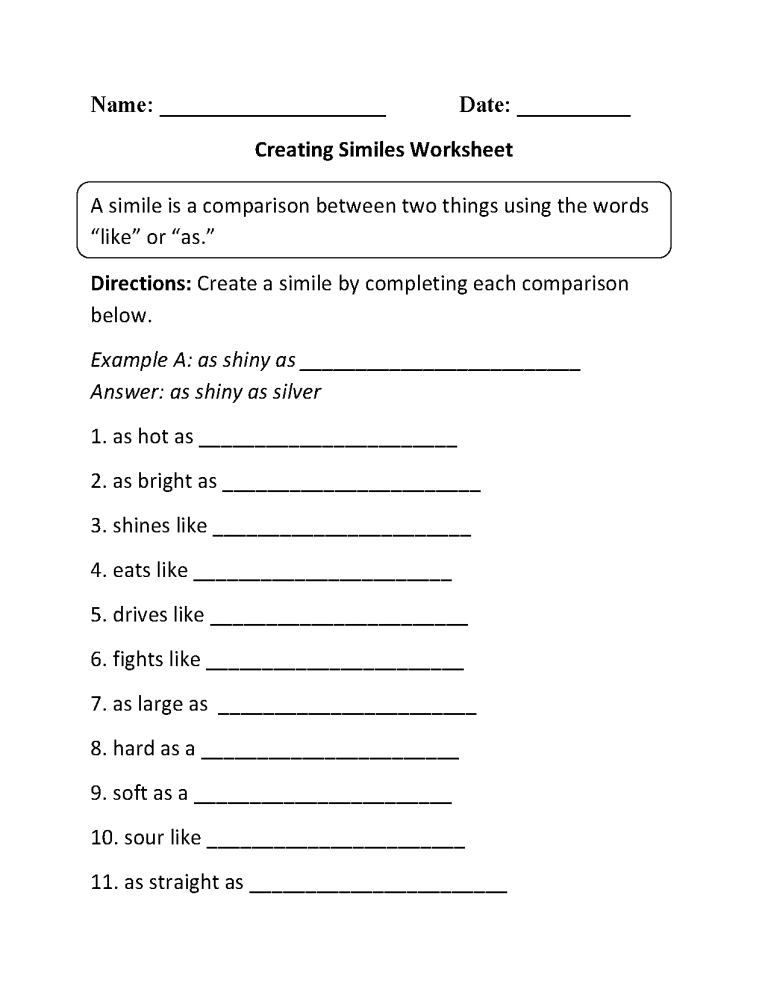 Similes Worksheet Grade 6