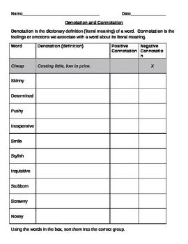 Connotation And Denotation Worksheets 8th Grade