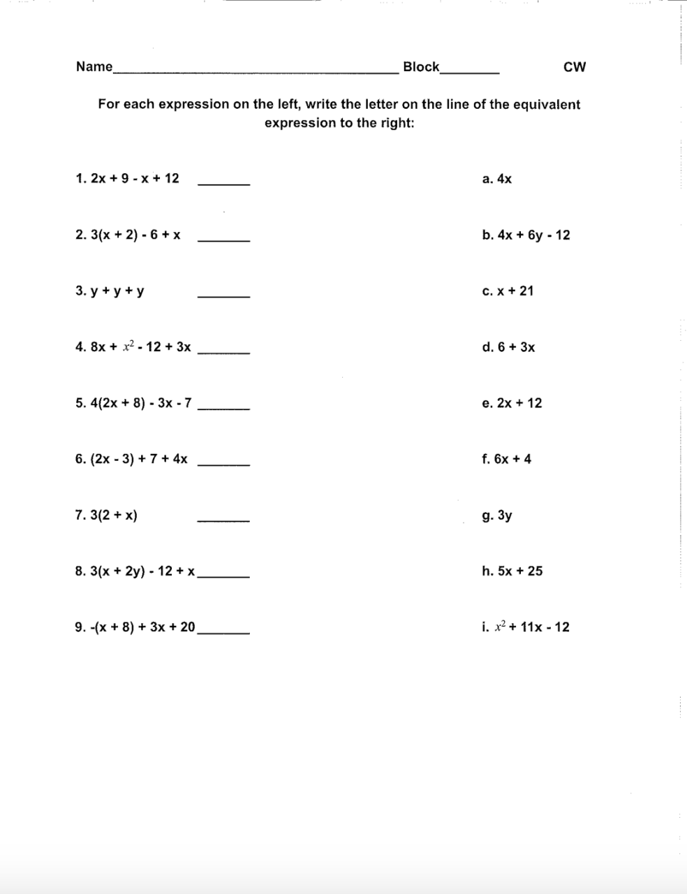 Equivalent Expressions Worksheet Answers