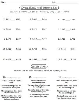 Comparing Decimals Worksheets 5th Grade