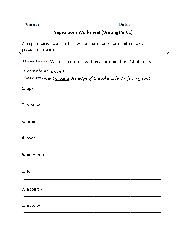 Grade 2 English Worksheets Prepositions