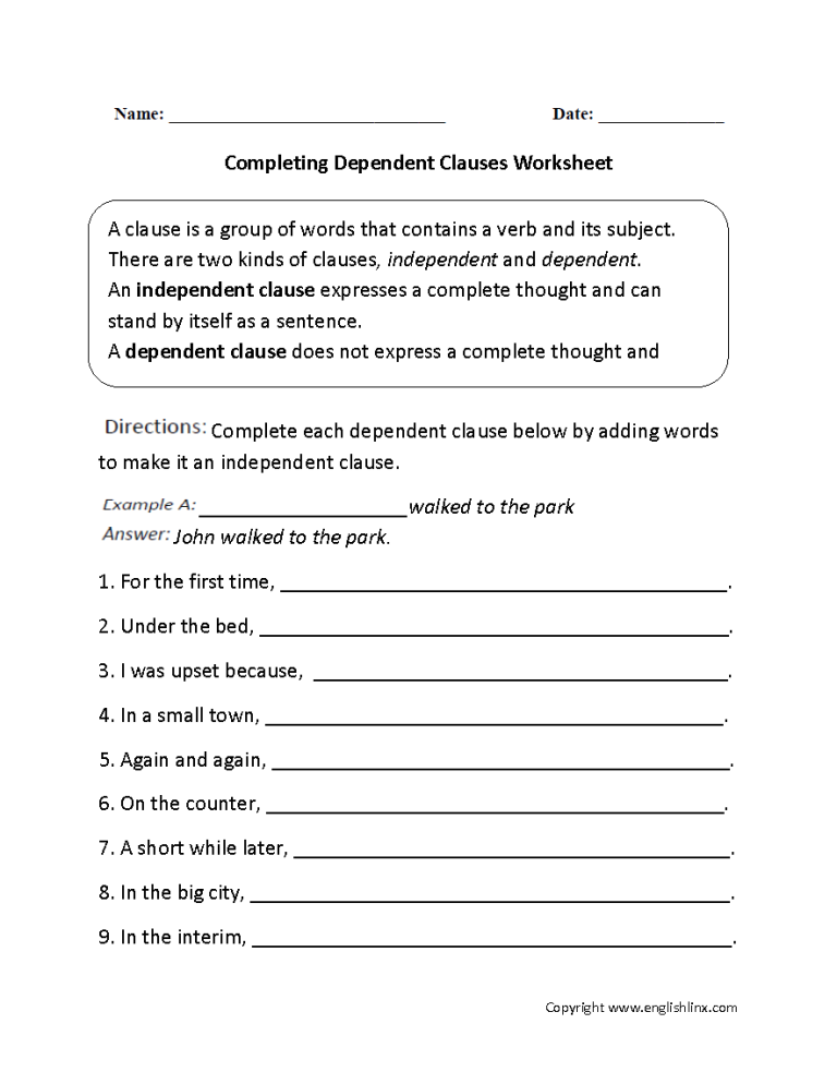 Independent And Dependent Clauses Worksheet Grade 5
