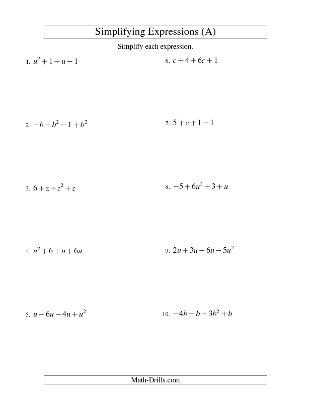 Simplifying Algebraic Expressions Worksheets Pdf