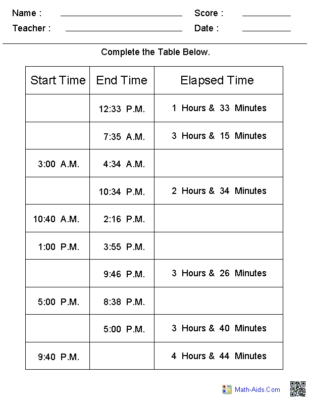 3rd Grade Printable Elapsed Time Worksheets
