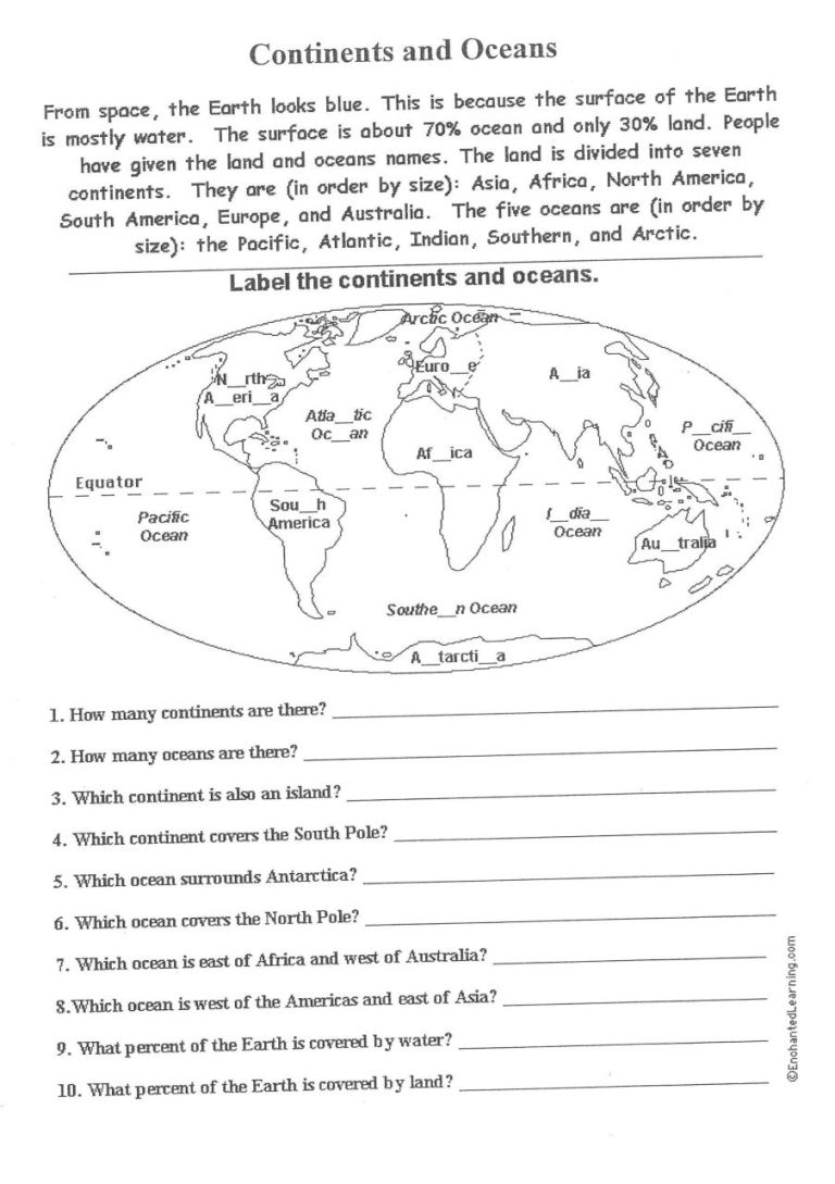 Continents And Oceans Worksheet Printable