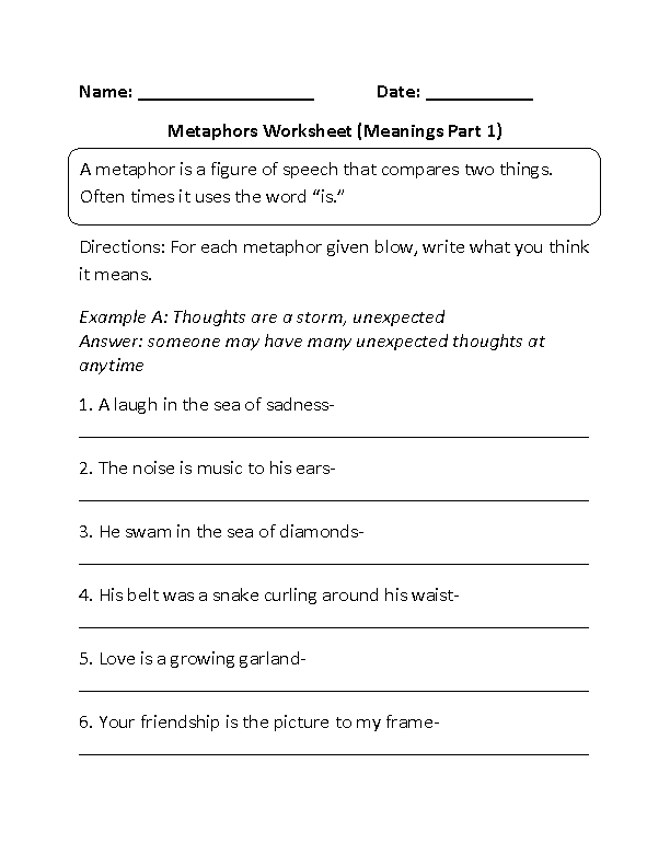 Metaphor Worksheets With Answers