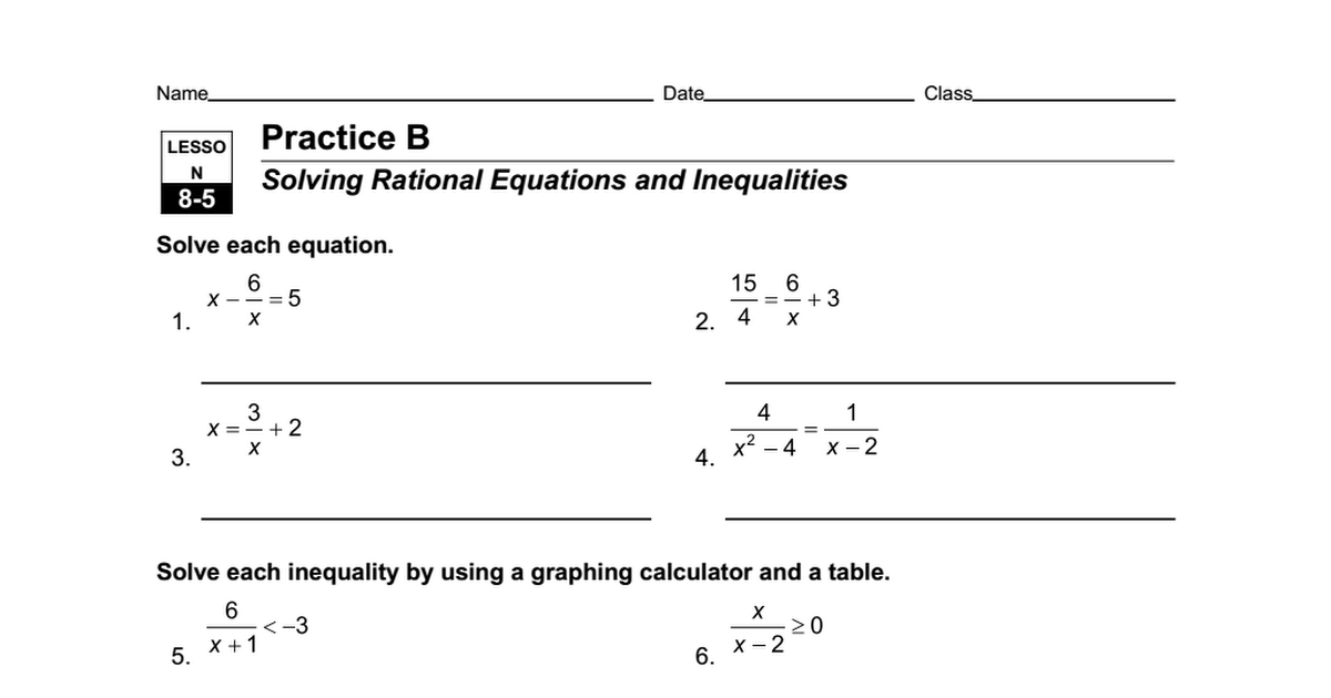 Rational Inequalities Worksheet Doc