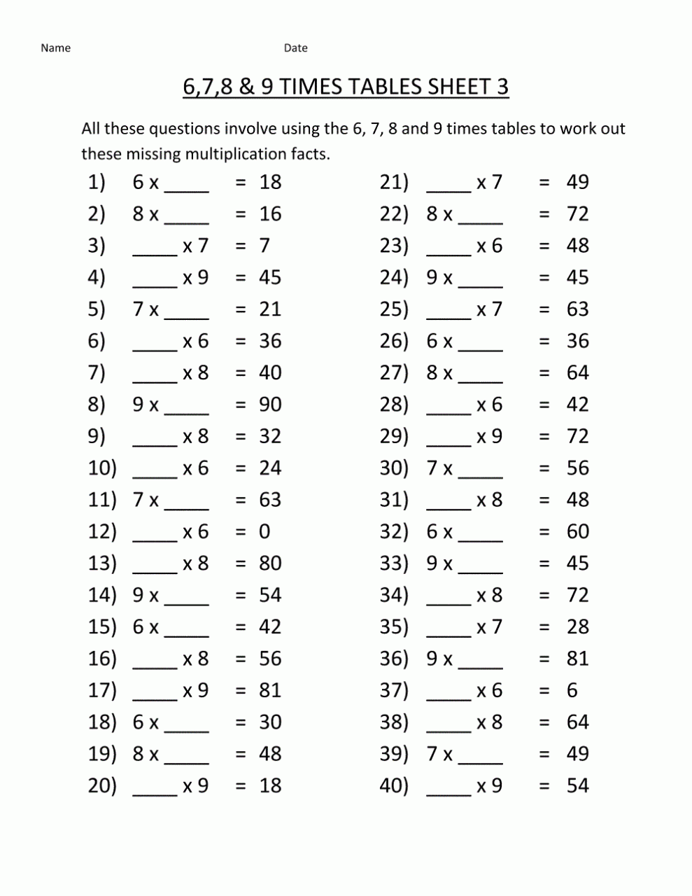 Mixed Times Tables Worksheets Year 4