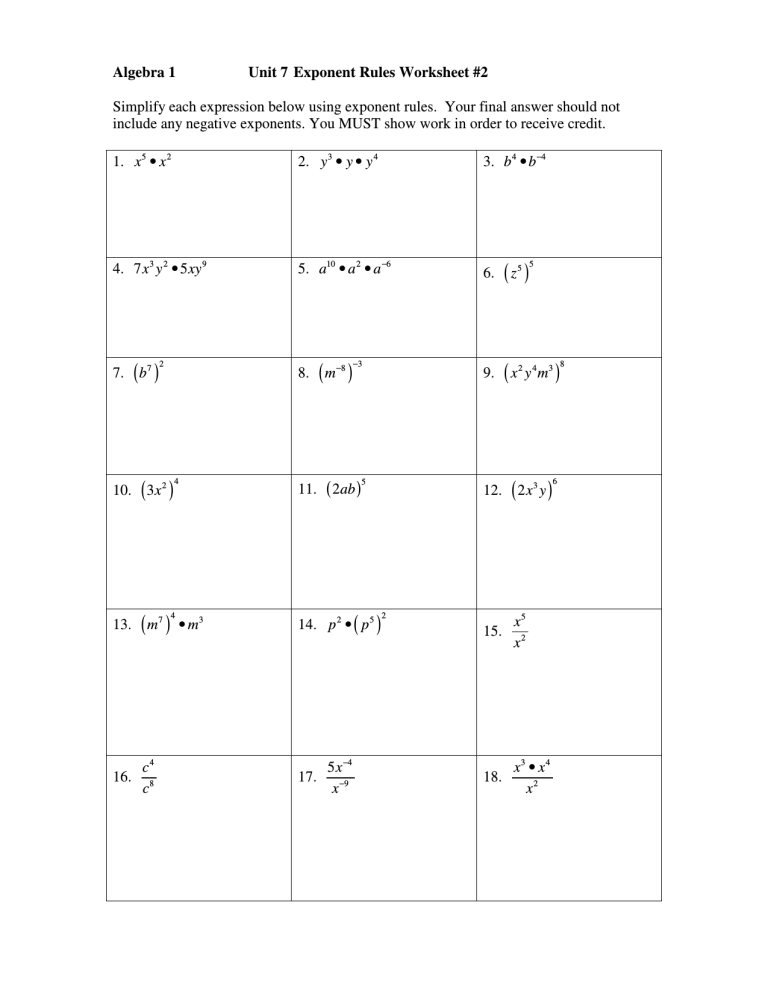 Algebra Exponent Rules Worksheet